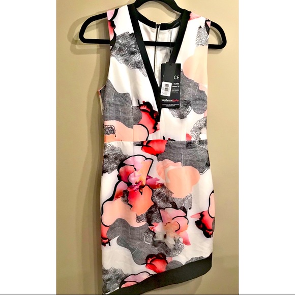 SEDUCE black trim floral sheath asymmetrical hem - Picture 1 of 14
